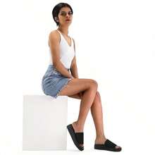 Women's Chunky Platform Sandals Slip On – Open Toe Knit Flatform Slides Comfortable Summer Casual Shoes - 黑色 - 查看 11