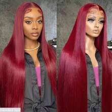 13x4 Real HD Lace Front Wig Human Blended Hair Ultra-Fitted Design Pre Plucked Natural Hairline Bleached Knots 180% Density Straight Ultra-Thin HD Lace Frontal Wig 8-36Inch 99J Burgundy - S99J/BUG - View 4