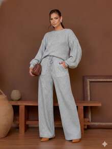 Women's Long-Sleeved Mousse Knit Set, Women's Winter Clothing, Tailored Pants - 淺灰色 - 查看 3