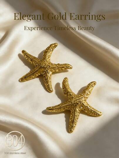 Holiday Beach Golden Elegance Women's Earrings 18K Gold-Plated Stainless Steel Earrings Starfish Design Captures Beach Charm And Natural Beauty Essential Studs For Holiday Leisure.Earring Sets,Earings Women Earring Sets,Luxury,Gold Plated Jewelry,Beach Accesories For Women,Beach Earrings.