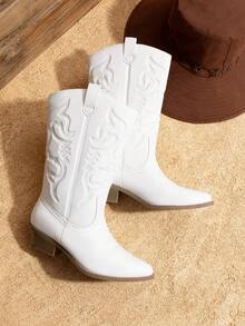 Women's Cowboy Boots Pointed Toe Pull On Cowgirl Boots Wide Calf Chunky Low Heel Embroidery Comfortable Western Boots Outfit For Ladies Spring Summer - trắng - Xem 5