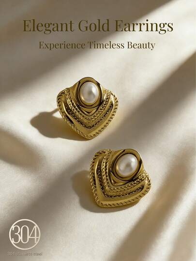 1 par de pendientes con forma de triángulo y corazón con perlas doradas, elegantes para uso diario o fiestas, regalo ideal para vacaciones o cumpleaños. Conjunto de pendientes, conjunto de pendientes para mujer, lujo, joyería chapada en oro, accesorios de playa para mujer, pendientes de playa