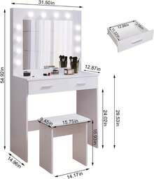 White Dressing Table Set With LED Lights Mirror, Vanity Makeup Table 2 Large Drawers And Stool - White - View 4