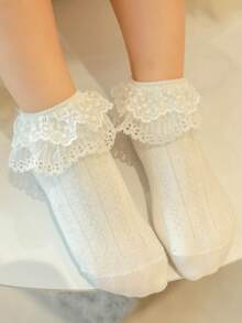 1 Pair Spring/Summer Girls' Socks, Candy Color Princess Style Fresh Double-Layer Lace Socks, Breathable Mesh Soft Short Socks, Fashion , Soft & Comfortable, Casual Versatile Suitable For Home, Outings, Dance Performances, Holidays, Back To School, Valentine's Day - White - View 2