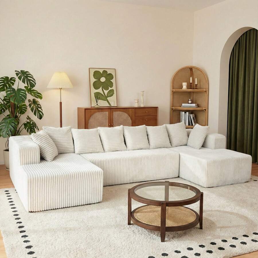 Boneless Couch,Modular U-Shaped Corduroy Sectional Sofa,130-Inch 4-Seater Chaise Lounge With Reversible Design, No Assembly Modular Cloud Couch, 72-Hour Fluff Recovery, Striped Corduroy Fabric In Beige/White – Sectional Living Room Or Bedroom Couch, Freely Configurable Layout. - 米色 - 查看 1