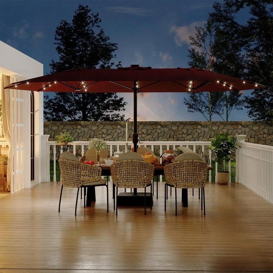 Sombrilla Rectangular Extragrande de 4.5 m, Doble Cara con Luces LED Solares – Resistente, Protección UV, Base Incluida – Ideal para Patio, Jardín y Piscina - burdeos - Ver 1