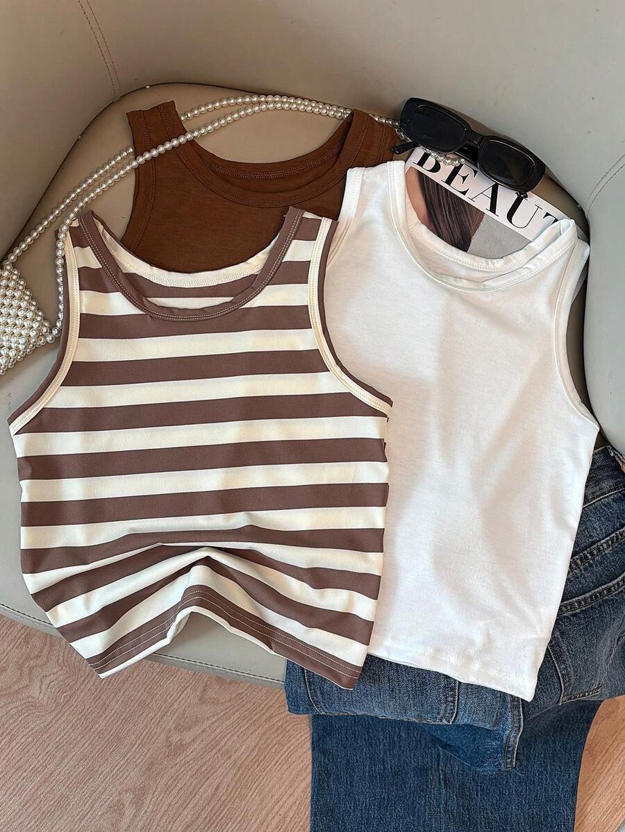 Bộ 3 áo tank top không tay cho bé gái tuổi teen, thoáng khí, thoải mái mùa hè, đi học, xuân hè, thu đông, kẻ sọc, phong cách Mỹ. - Lạc đà - Xem 1