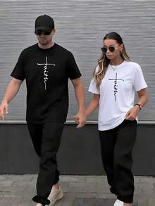 Camiseta de cuello redondo para parejas, moda informal de algodón suave, manga corta, para hombres y mujeres, divertida ropa temática para parejas, fiesta, cumpleaños, reunión de amigos, ropa - Negro - Ver 2
