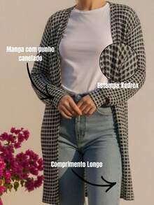 Blusa Feminina Tricot Meia Estação Manga Longa Texturizada Casaco Blazer Casual Tricô Inverno - Preto e Branco - Visão 5