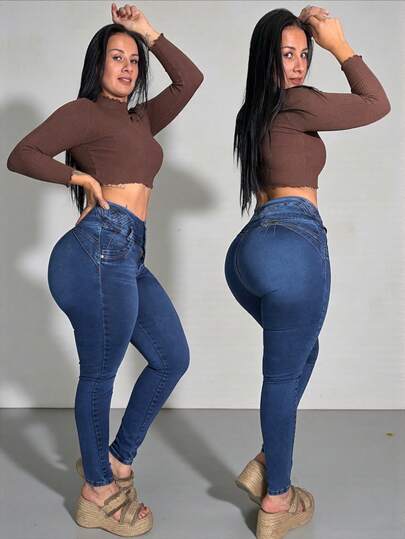 Pantalones de Mujer Mezclilla Tiro Alto Levanta Pompa Colombianos
