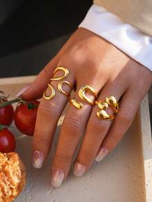 Frminee 3pcs/Set Fashionable, Minimalist, Elegant, Personalized, Exquisite, Unique 18K Gold Plated Stainless Steel Stackable Rings, Beach Surfing Rings, Statement Rings, Women's Daily Wear Jewelry, Waterproof - Gold Style 5 - View 5