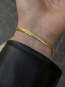 1条18K镀金极简扁平蛇骨链手链，女士优雅人字纹手链饰品，时尚腕带礼品 - 金黃色 - 查看 1