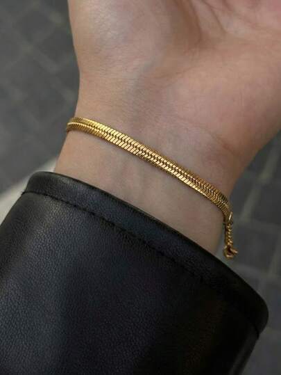 1条18K镀金极简扁平蛇骨链手链，女士优雅人字纹手链饰品，时尚腕带礼品