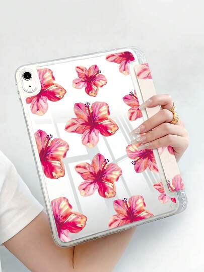 1pc Watercolor Hibiscus Pattern, New Y-Fold Design, Multi-Angle Support Tablet Protective Case, Compatible With 10.2" 2021/2020 10th/9th/8th Gen, (A16) 11" 11th Gen 2025, Galaxy Tab A8 10.5" 2022, Tablet Cover With Pencil Slot, Auto Sleep/Wake