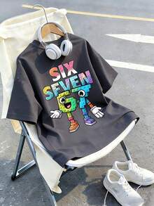 男童“SIX SEVEN-Italian Brain”彩色数字67卡通印花T恤，适合日常穿着、街头风、校园风，时尚休闲百搭的男童夏季上衣 - 深灰色 - 查看 7