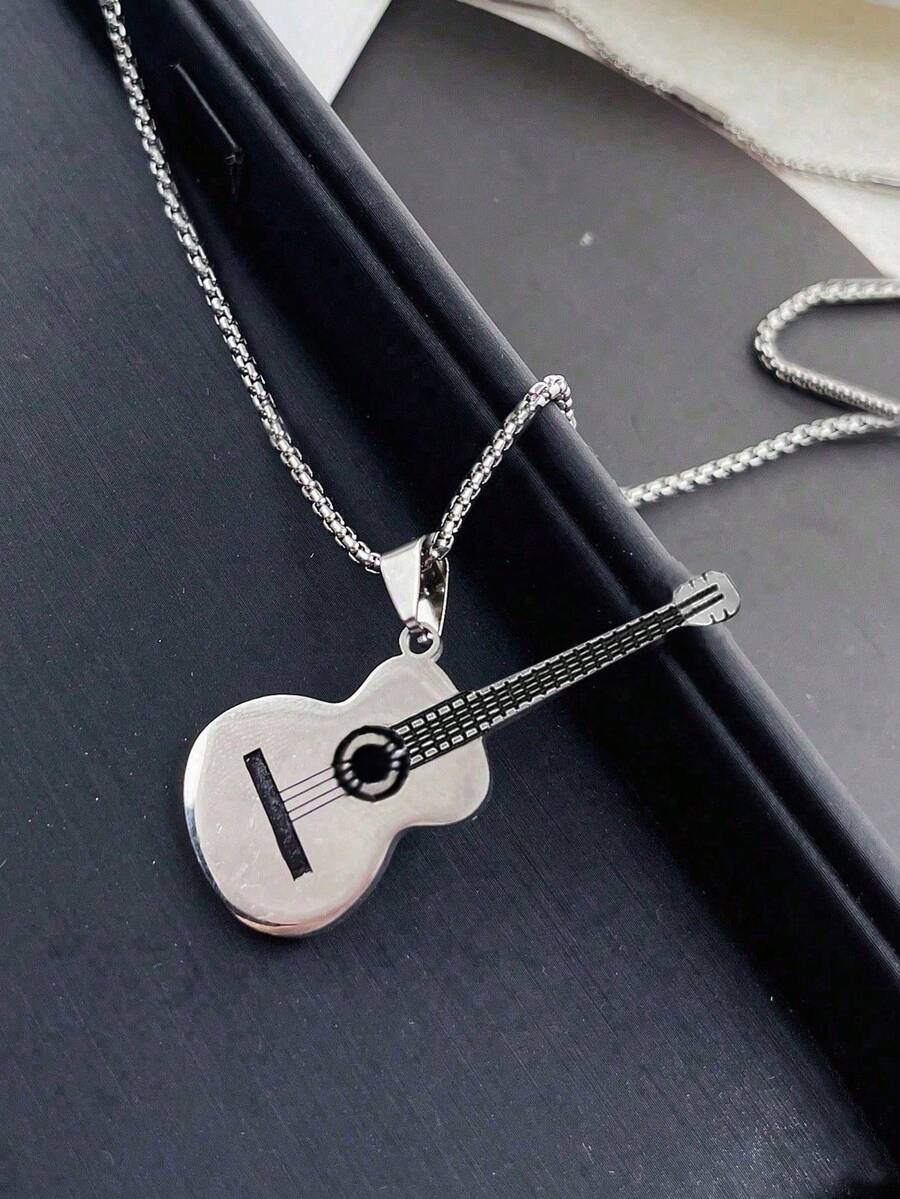 1pc Men's Guitar Pendant Necklace, Titanium Steel Chain, Creative Music Gift Accessory - View 1