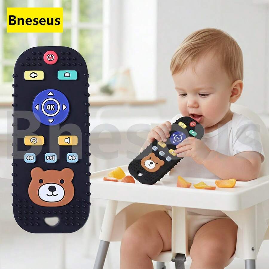 Bneseus 1 件硅胶仿遥控牙胶，卡通熊图案，咀嚼玩具，适合 0-24 个月男婴和女婴，理想的母亲节礼物