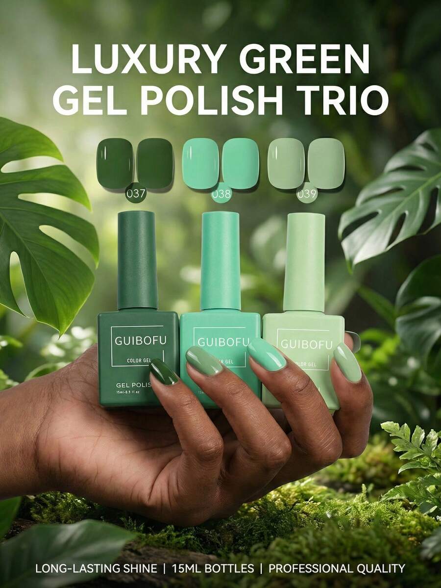 GMUME 3瓶/套 15毫升 森林绿凝胶指甲油，深祖母绿薄荷鼠尾草色，圣帕特里克节春日自然美甲，优雅丛林风，高显色度可卸UV凝胶
