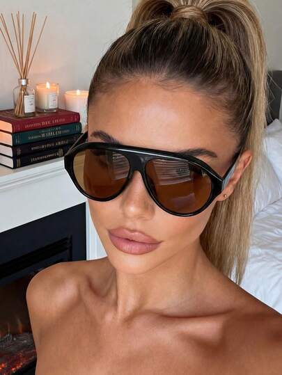 1 Pair Unisex Brown Aviator Large Frame Fashionable Glasses, Beach & Camping Accessory, Women's Basic Business Casual Vacation Outfit, Summer Hoodie Jacket Dress And Long Sleeve Shirt, Collegiate Back To School Season