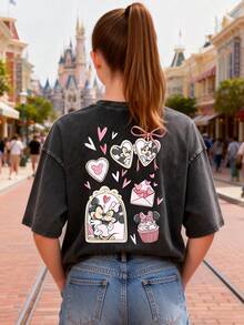 This Disney Women's T-Shirt Features A Creative Mickey Mouse Print. It's A Spring/Summer Style Round Neck Vintage-Inspired Washed Cotton T-Shirt, Made Of Soft And Comfortable Pure Cotton Fabric, Suitable For Everyday Wear, Shopping, Travel, And Casual Occasions. It Also Makes A Wonderful Gift. - 黑色 - 查看 3