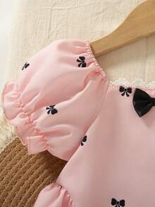 Đầm công chúa mini tối giản cho bé gái, cổ bèo nhún, tay áo cánh hoa, in hình nơ, thích hợp cho mùa hè. - Hồng - Xem 7
