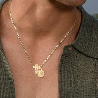 1pc Fashion Vintage Block Initial Cross Pendant Golden Stainless Steel Figaro Chain Necklaces For Men