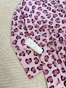 2 pièces Ensemble de pyjama femme à manches longues imprimé, col rond, avec short à taille élastique, confortable - Rose bonbon - Voir 5