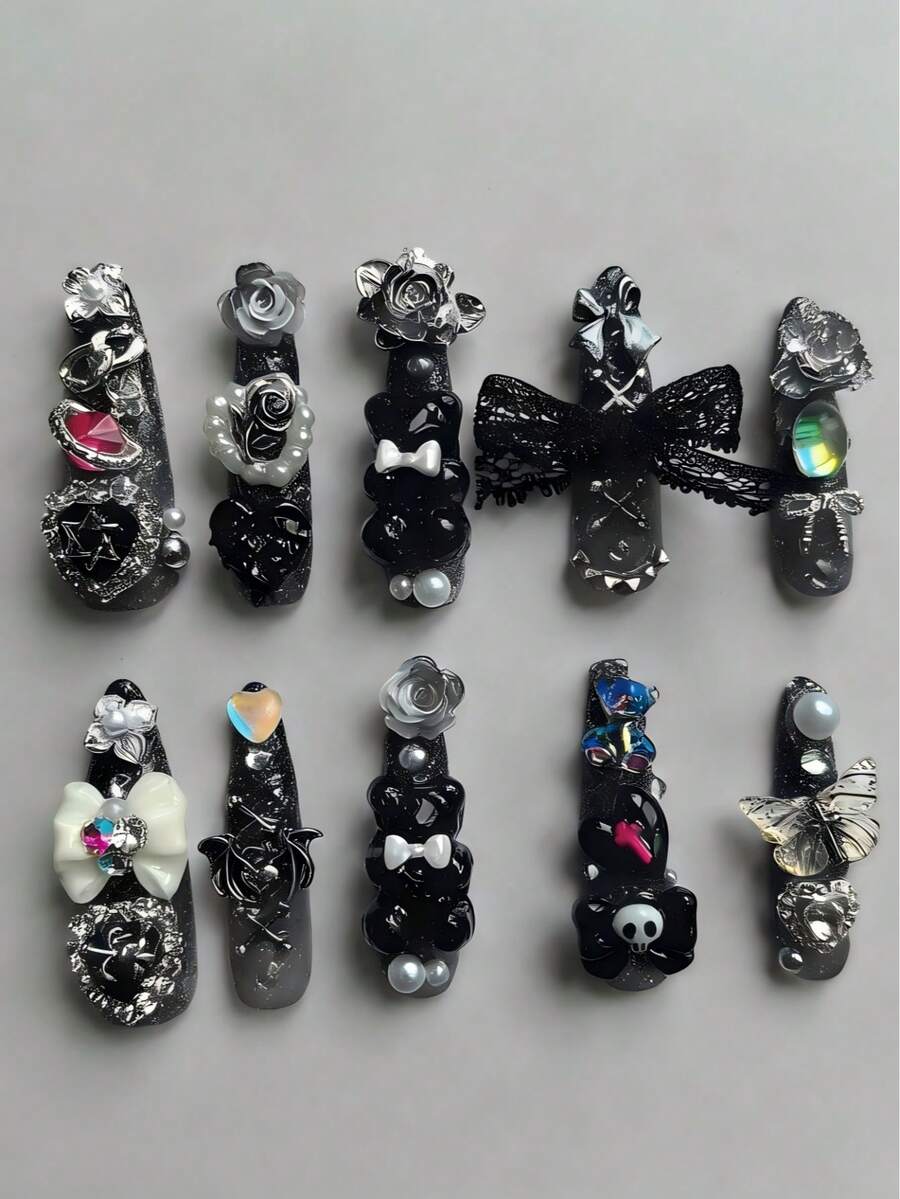 10pcs Gothic Style Nail Stickers, Luxury Unique Silver Gradient Glitter High-End Design, Skull, Metal Rabbit, Rose, Cross, Bow, Pearl, Teddy Bear And Other Punk Metal Y2K Nail Art Elements