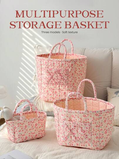 1/3pcs Floral Print Quilted Storage Basket, Large Capacity Portable Storage Bag, Foldable With Handle, Cosmetic Organizer For Women And Girls