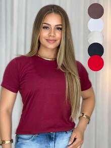 Blusa Feminina Básica Dia A Dia Uniforme T-shirt Gola O - Marsala - Visão 2