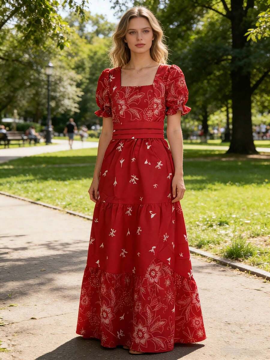 Elegant Women's Long Dress With A Short-Sleeved Print. - Red - View 1