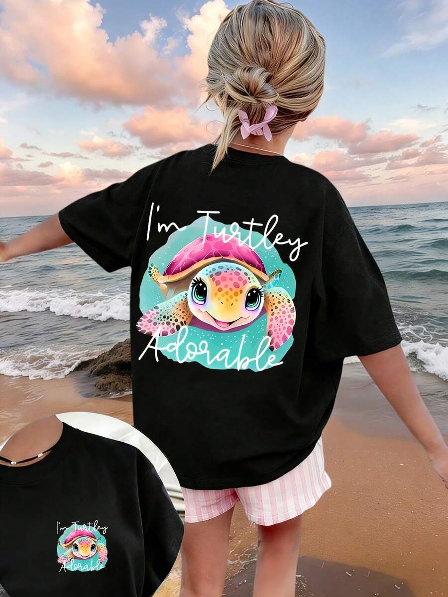 Cute Turtle Print Round Neck T-Shirt, Summer Top For Tween Girls - Black - View 1