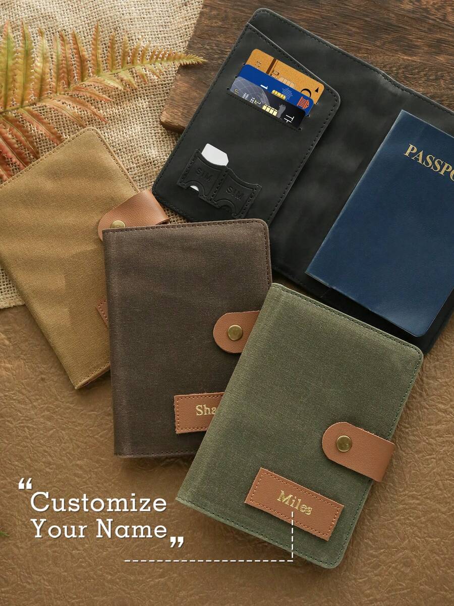Takeoak 1pc Customized Name With Fashion Buckle Gold Personalized Word Waxed Canvas Texture Passport Cover Unique Document Card Holder Travel Accessory Handmade Fashion Travel Accessory Men's Father's Day Gift - Multicolor - View 1