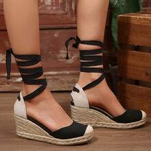 Women's Espadrille Platform Wedge Sandals – Closed Toe Ankle Strap Lace Up Summer Shoes - màu đen - Xem 3