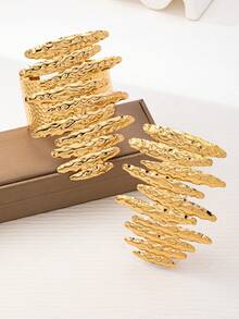 2件套褶皱水波纹夸张手链戒指套装，个性化大号款，时尚街头风派对饰品 - 金黃色 - 查看 2