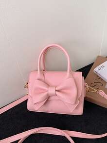 1个粉色荔枝纹理3D蝴蝶结亮面PU皮革小手提包，磁扣开合，甜美风格单肩/斜挎包，适合日常使用 - 粉色 - 查看 10