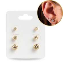 3 Pairs Of Women's Stud Earrings In Gold With Cubic Zirconia, 18k Gold Plated Costume Jewelry - 金色 - 查看 4