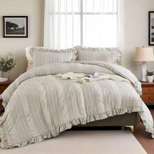 Beige Textured Comforter Set King,3 Pieces Ruffle Farmhouse Shabby Chic Comforter For Queen Bed,Soft Seersucker Boho Bedding Set With 1 Ruffle Comforter,2 Tufted Pillowcases 104"*90" For All Seaaons Home Decor Bedroom Decor Bed Comforter Set Mothers Day Gift. - Beige-0958 - 查看 6