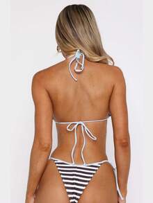 Women's Y2K Vintage Stripe Bikini Swimsuit Sets Halter Neck Bra Tops And Bottoms 2Pcs Summer Beach Vacation Outfit Bathing Swimwear Triangle Bathing Suit - 淺藍卡色 - 查看 10
