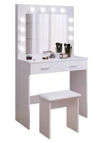White Dressing Table Set With LED Lights Mirror, Vanity Makeup Table 2 Large Drawers And Stool - White - View 7