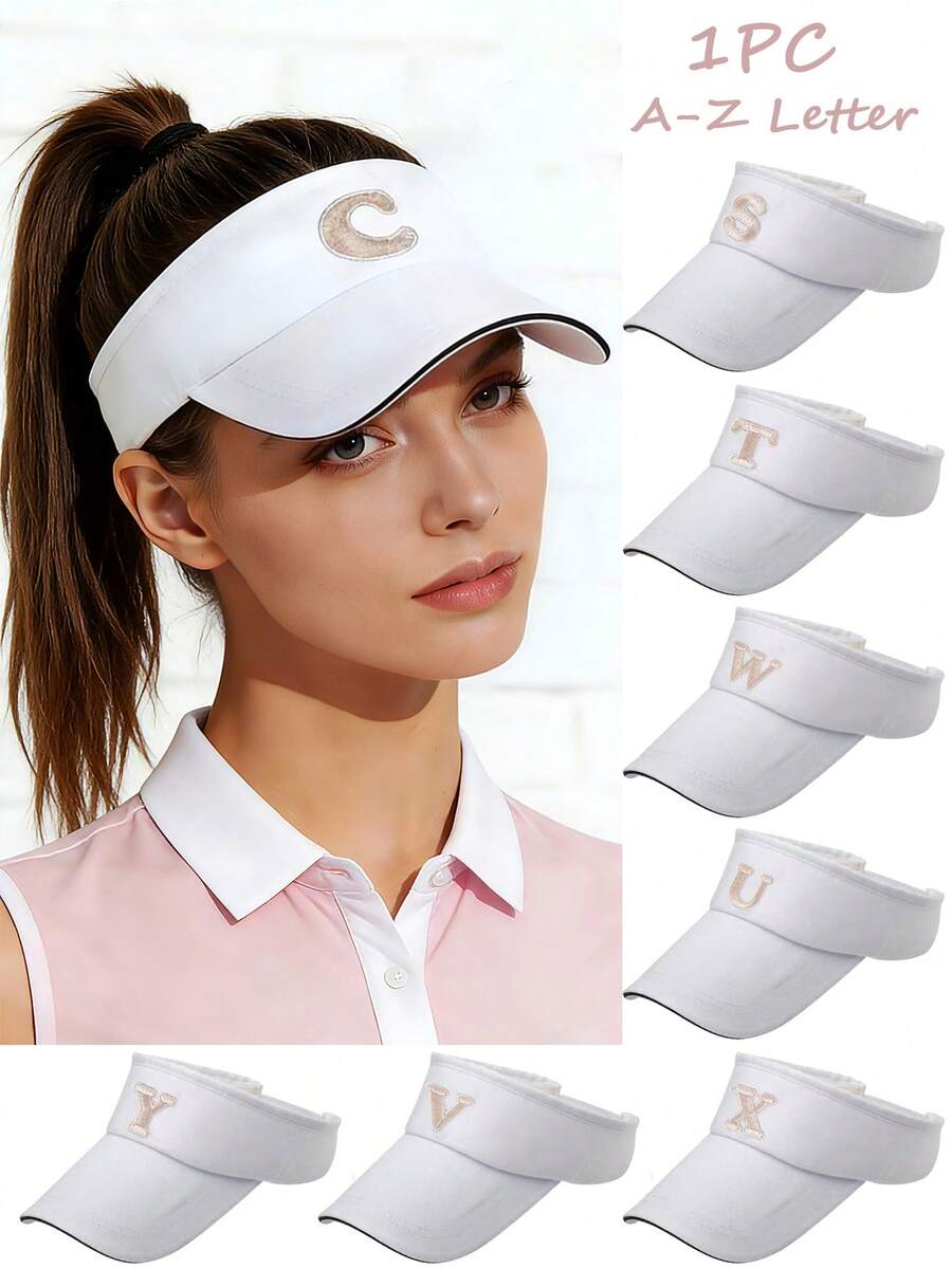 1pc Plain Solid Color Sun Hat With 26 A-Z Letters, Unisex Open-Top Sun Visor Baseball Cap For Summer, Running, Gym, Beach,Outdoor Sun Protection And Sports - White - View 1