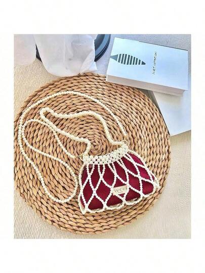 Gucci Elegant Rosso Ancora Half-Moon Red Polyester Crossbody Bag With Removable Faux Pearl Chain - Can Be Used As A Mini Clutch Or Crossbody Bag. The Stylish Half-Moon Design Is Made Of Lightweight Polyester Fabric, Making It Perfect For Beauty Use Or As An Elegant Wedding Bag.Style: Ancora Red Half-Moon Multi-Functional Bag, Heartbeat Red Plaid