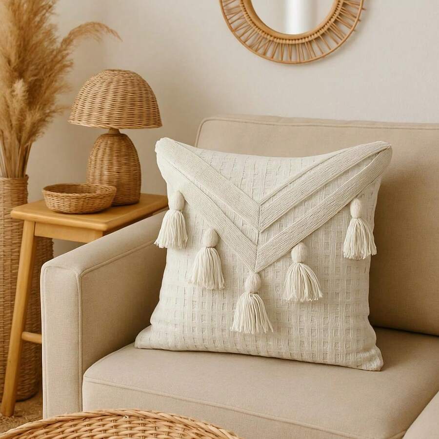 Pompom Cushion Cover 100% Cotton Macramé Raw Natural Boho 45CMX45CM - Màu be - Xem 1