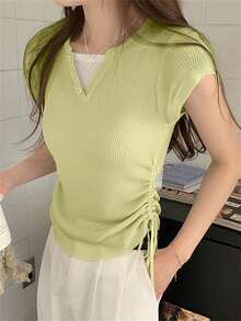 2-In-1 Knit Short Sleeve T-Shirt, Women Summer Lightweight Design Cinched Waist Top - Green - View 5