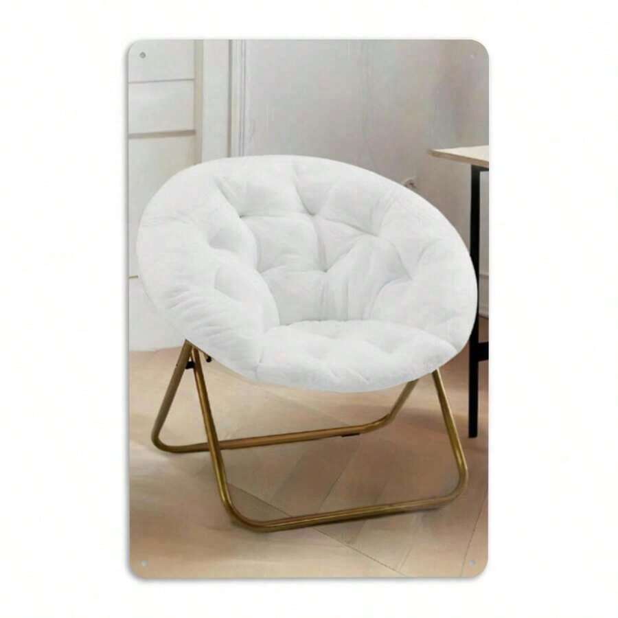 1pc Iron Sheet Painting Signboard Metal Sign 20*30cm Wall Decoration, Cozy White Faux Fur Saucer Chair With Gold Metal Frame Stylish Accent Chair For Bedroom Living Room Dorm Home Office Metal Decorative Chair Hanging On The Wall - 1PC - 查看 1