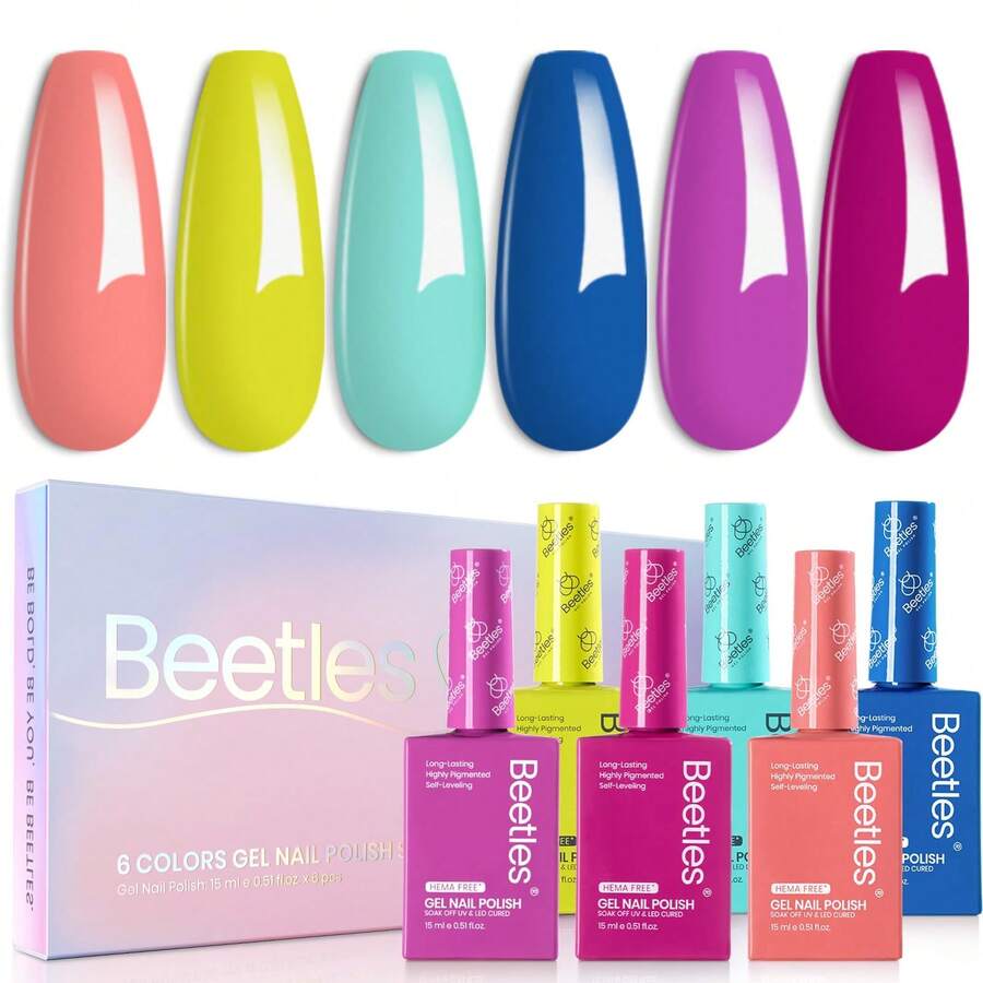 Beetle Neon Gel Nail Polish Set, 6 Colors 15ML Each, HEMA-Free, Pink Green Coral Purple Blue, Soak Off UV Gel, Professional Salon & Spring DIY Nail Art - 中紫紅色 - 查看 1
