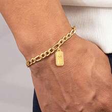 1pc New Classic Rectangle Initial Pendant Golden Stainless Steel Figaro Chain Bracelet For Men - Yellow Gold - View 1