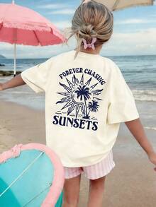 女童休闲印花圆领短袖T恤，夏季学生童装 - 这款印有海浪和棕榈树图案的T恤，为每个孩子带来欢乐和幸福！永远追逐 - 杏色 - 查看 2