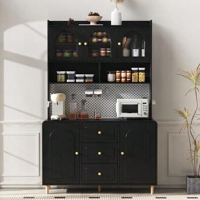 Tall Cabinet With Pegboard And Solid Wood Legs, Bar Cabinet With Storage Space, Kitchen Sideboard With Drawers, Ideal For Kitchen And Dining Room (Black)