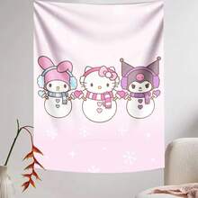 SANRIO 1件三丽鸥卡通人物雪人挂毯，Hello Kitty My Melody Kuromi 冬季墙饰，可爱粉色雪花装饰，适用于卧室和宿舍 - 彩色 - 查看 3
